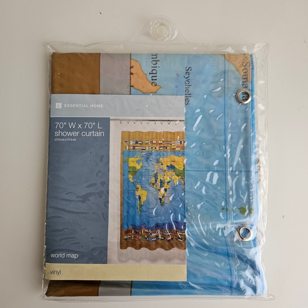 Essential Home World‎ Map Shower Curtain 70x70 Vinyl NEW Educational Travel